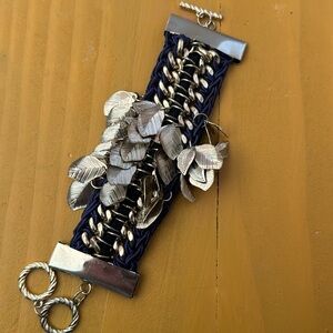 Mia collection Blue Gold Chunky Rope Leaves Dangle Statement Bracelet Boho